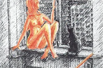 Картинка сканирована с моего рисунка. Так как это тоже мое творчество - сюда выкладываю на всеобщее обозрение. 
Интерьер и вид из окна- типичная комната в 5-й общаге Днепропетровского Стротельного института. Так как моя специальность - Теплогазоснабжение и Вентиляция, грех было не нарисовать "баян" под окном с почти фотографической точностью (-8.