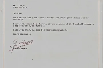 Оригинальное письмо Джима Маршалла советскому музыканту с пожеланиями профессиональных успехов.