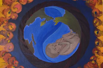 Картина "Эмбрион Земли" написана в 1991 году, а также:

Какова дальнейшая эволюция Человека?
      После доразвития эмбриона,  родится Вселенский гражданин, рост сознания которого восходит к вершине рождения сверхновой Звезды – Владыке новой Галактики.
       Человек нынешнего эмбрионального состояния развития, видит ближайшую звезду – солнце, как может увидеть эмбрион изнутри тело матери. Сердце матери, как и солнце, видно эмбриону только плотная его часть. Но не увидеть, не понять, не осознать ему ни Работы его как энергоцентра, ни как сосредоточение СокРальной жизни его матери. Не видит и не осознает эмбрион и процессов, происходящих и взаимосвязанных с внешней жизнедеятельностью матери. Его мир ограничен, темен, влажен, но при этом безопасен, комфортен, инертен в утробе.
     Подобно приведенной аналогии человек видит, слышит и осознает мир вокруг себя, в том числе и окружающее его космическое пространство, которое есть внутриутробное Земное Лоно и убежище эмбриона Вселенского гражданина. Человек видит, воспринимает область материи Вселенной из ее внутреннего обзора. Ему пока не открыты просторы многоПлановой внешней Жизни Вселенной.
      Рожденным же Землей Детям будут открыты Неограниченные Права и Возможности Вселенских Граждан. Человеку Вселенной будет Открываться все дарованные Ему СемьЮ-семь Уровней Проявления Разворачивающихся Возможностей Сердечного ЖизнДара Владыки Солнца, РА-Дость за рождение своих Детей которого, Разливается в Океане Беспредельности!                 
